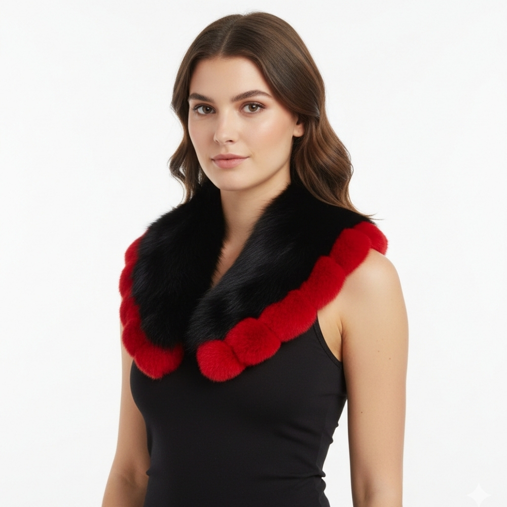 Fox & Rabbit Fur Collar Topper Black And Red